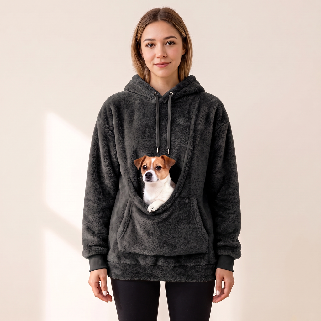 CuddleCarry pouch hoodie in black with a Jack Russell puppy in the front pouch