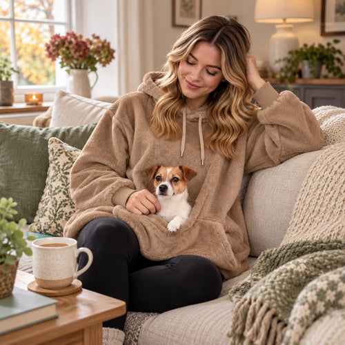 Woman relaxing on a sofa wearing the camel CuddleCarry pouch hoodie with a Jack Russell puppy in the front pouch
