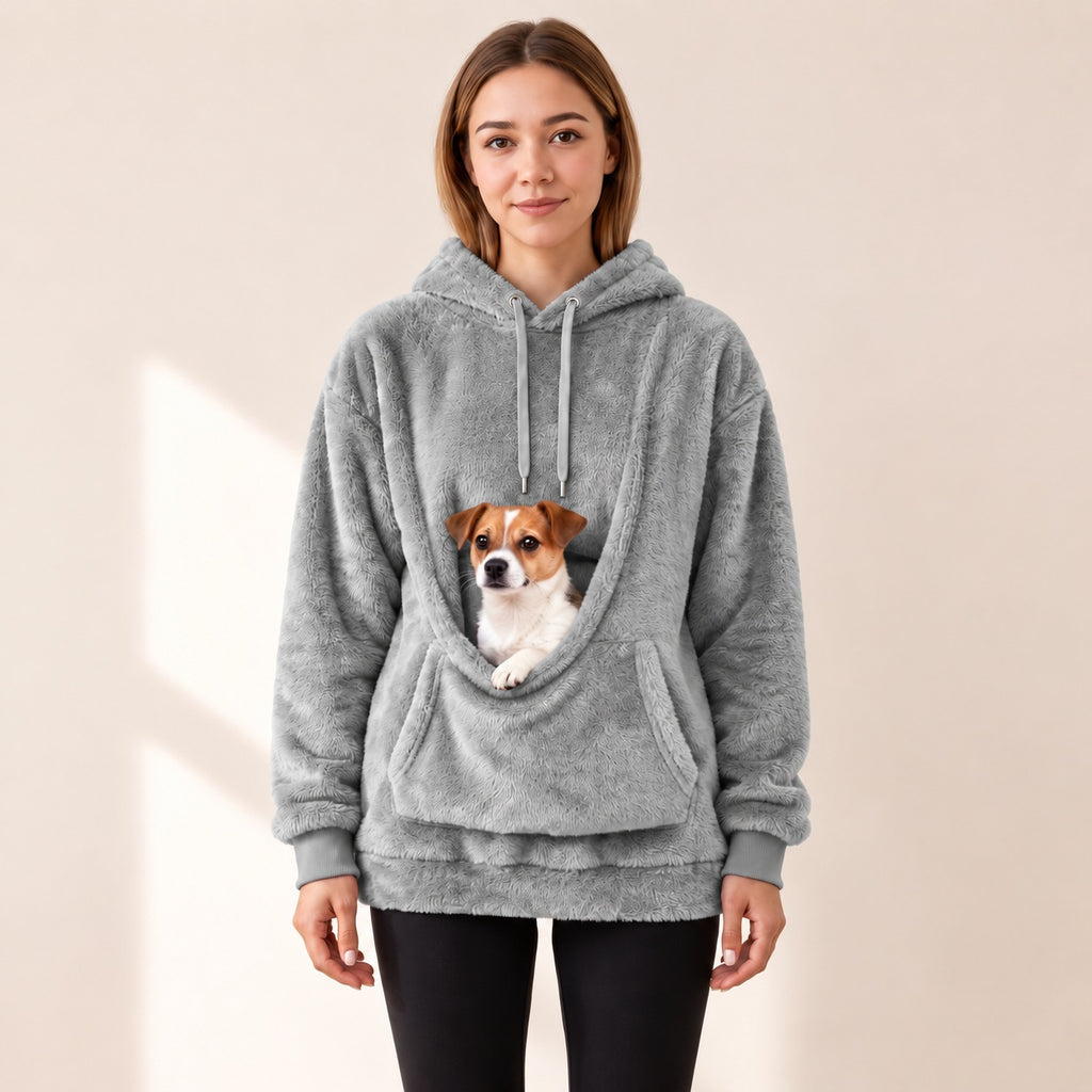 CuddleCarry pouch hoodie in grey with a Jack Russell puppy in the front pouch