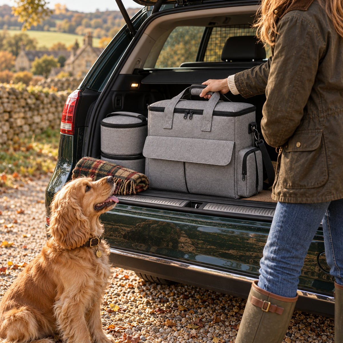 The Weekender tote packed in a car boot in the English countryside with a cocker spaniel waiting