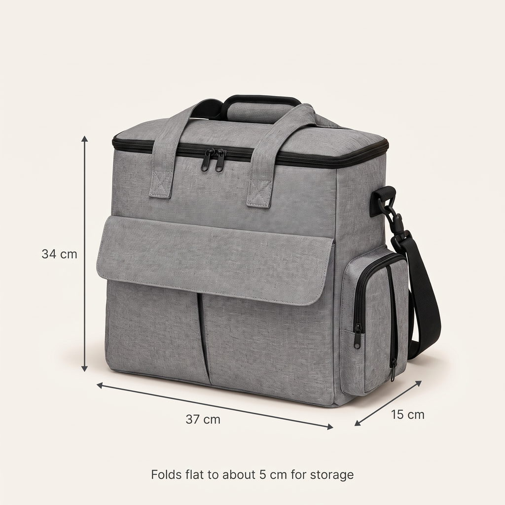 The Weekender tote dimensions: 37 cm wide, 34 cm high, 15 cm deep, folds flat to about 5 cm