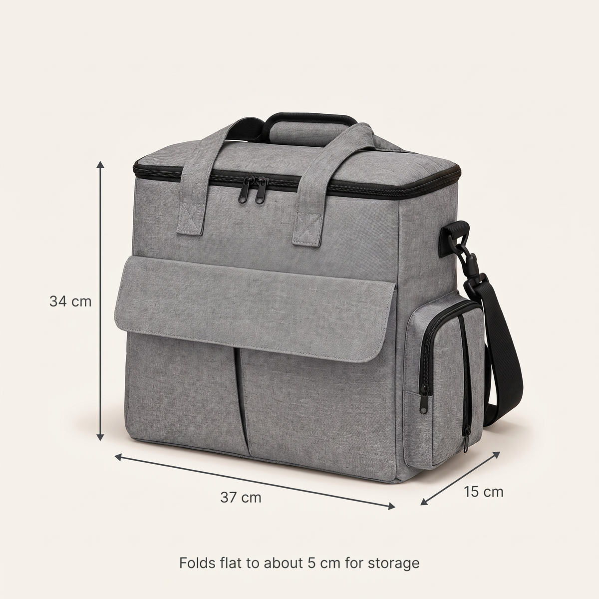 The Weekender tote dimensions: 37 cm wide, 34 cm high, 15 cm deep, folds flat to about 5 cm