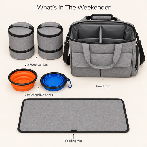 What is in The Weekender: travel tote, two food carriers, two collapsible bowls and a feeding mat
